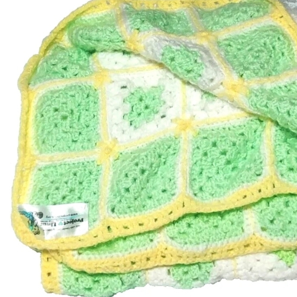 Hand Knit Crochet Blanket, Crib/Twin Green White Yellow 39"x40" Project Linus - Picture 4 of 7
